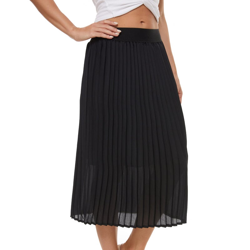 TEERFU Womens Pleated Midi Skirt,High Waist Swing Boho Pleated Skirt Casual Chiffon Elastic A-line Long Skirts (Black, Medium) - Image 2